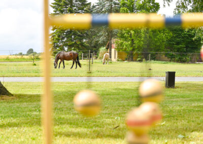 Havespil på haven på opholdsstedet Vangeledgård med udsigt til hestepension - Vangeledgård er et paragraf 107 og 108 botilbud, der også tilbyder paragraf 66 jf. Serviceloven